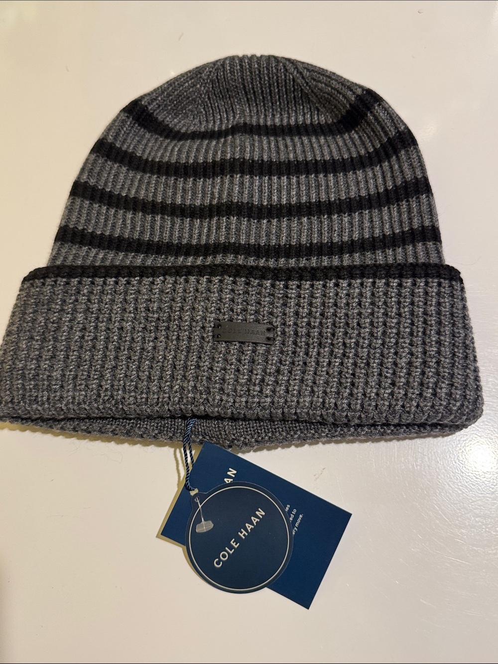 Cole Haan Gray and Black Striped Knit Cuffed Beanie